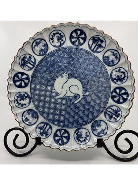 Japanese Blue White Rabbit Charger Plate 10.5” Mino Ware Daikichi Kiln Vintage